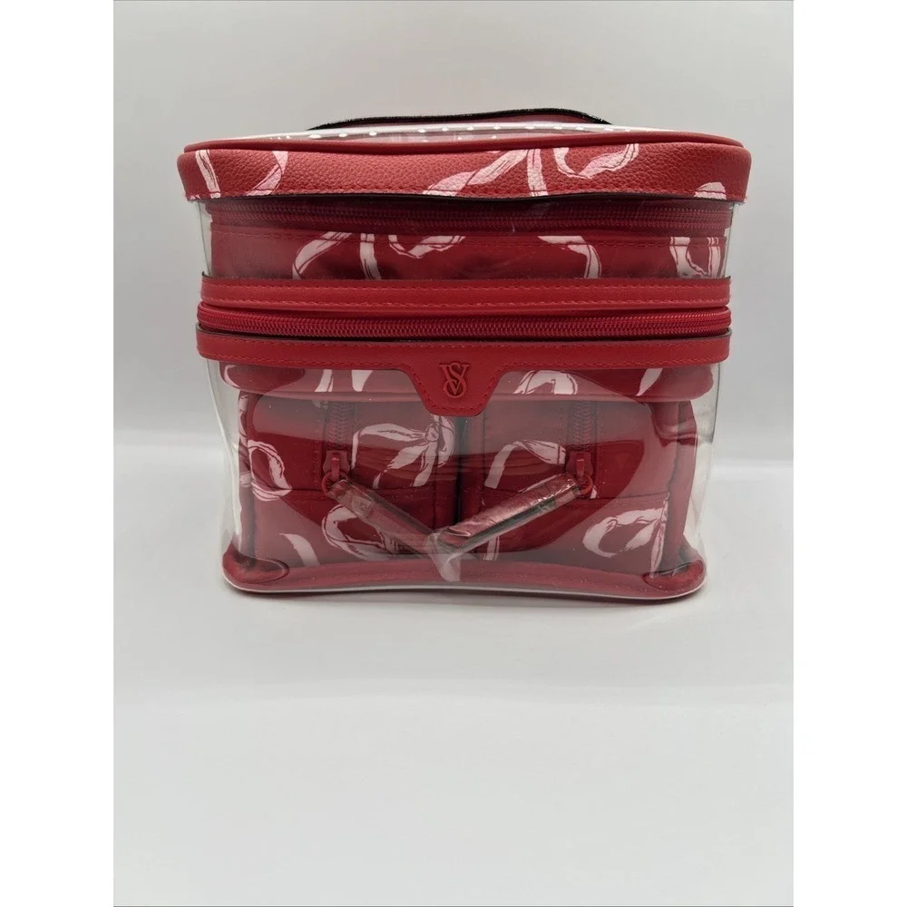 Victoria's Secret Makeup Bag 4 Pcs Red White Bows Train Case New With Tags
